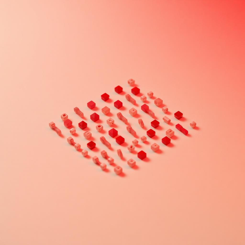 Modular grid of small red geometric tokens on cream surface