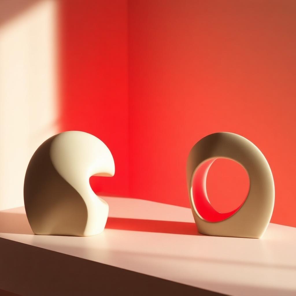 Two abstract sculptural forms facing each other on cream surface with red glow
